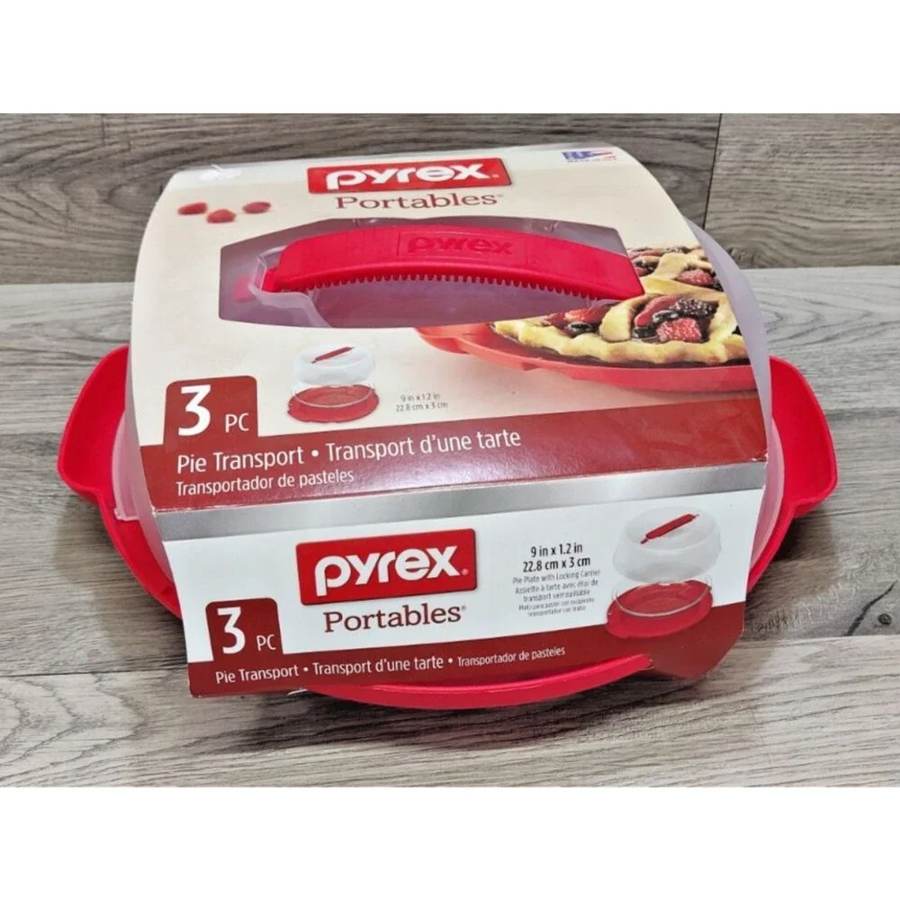 Pyrex Portables 3 Pc Pie Transport 9 Inch Glass Dish Locking Carrier Cover USA